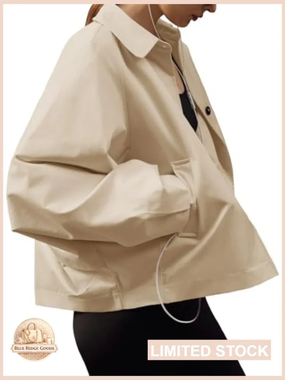 Cropped Trench Coat Lightweight Batwing Sleeve Oversized Chic Casual Outerwear - Picture 4 of 7